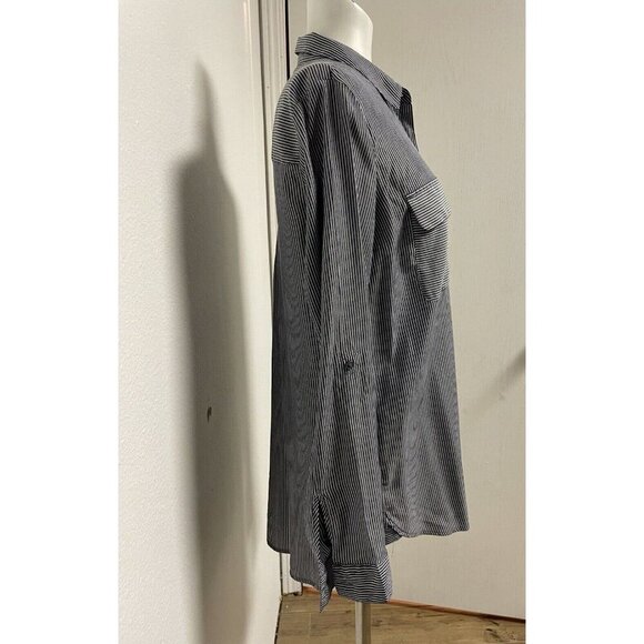 Express Womens Blouse Size Md Button Up Roll Tab Sleeve Grey/White Stripe - Picture 4 of 14